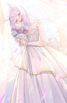  1girl absurdres alternate_costume bare_shoulders bouquet breasts bridal_veil commentary curtains dress ear_covers feet_out_of_frame gloves half-closed_eyes head_tilt highres holding holding_bouquet indoors isana615 long_hair mejiro_mcqueen_(umamusume) open_mouth petals purple_eyes purple_hair sleeveless sleeveless_dress small_breasts smile solo standing umamusume veil wedding_dress white_dress white_gloves window 