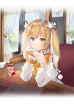  1girl absurdres black_ribbon blonde_hair cafe coffee_mug cup curtains elbows_on_table hair_ornament hair_ribbon highres holding holding_cup imsaibo3 inaba_haneru_(animare) interior medium_hair menu mug nanashi_inc. neckerchief orange_neckerchief pom_pom_(clothes) pom_pom_hair_ornament ribbon shirt solo two_side_up white_shirt window yellow_eyes 