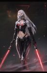  1girl breasts cleavage commentary dual_wielding elbow_gloves energy_sword english_commentary feet_out_of_frame gloves highres holding holding_lightsaber large_breasts lightsaber long_sleeves mask mouth_mask navel original red_eyes red_lightsaber simple_background sith solo star_wars sword weapon whata white_hair 