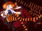  1girl breasts choco_(chocolate_shop) fate/grand_order fate_(series) forked_eyebrows halloween happy_halloween hat highres long_hair melusine_(fate) open_mouth sidelocks sitting small_breasts smile solo white_hair witch_hat yellow_eyes 