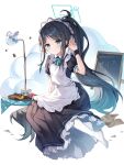  1girl absurdly_long_hair apron aris_(blue_archive) aris_(maid)_(blue_archive) black_dress black_hair blue_archive blue_eyes blue_halo blush closed_mouth coffee cup dress food full_body guzangnanfeng halo highres long_hair maid maid_apron maid_headdress official_alternate_costume pantyhose short_sleeves smile solo very_long_hair wagashi white_apron white_pantyhose youkan_(food) 