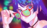  1girl adjusting_eyewear bakemonogatari blue_eyes blurry blurry_background close-up closed_mouth commentary_request eyelashes hand_up holding looking_at_viewer looking_over_eyewear monogatari_(series) nail_polish portrait purple_hair rapa_rachi red-framed_eyewear redrawn reflection senjougahara_hitagi shadow sidelocks solo sunglasses swept_bangs tinted_eyewear 