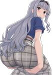  1girl ass blue_shirt blush from_behind grey_hair grey_skirt hairband hands_on_own_hips highres idolmaster idolmaster_(classic) idolmaster_million_live! idolmaster_million_live!_theater_days long_hair looking_at_viewer looking_back open_mouth parted_lips perapera plaid plaid_skirt red_eyes shijou_takane shirt short_sleeves simple_background skirt solo squatting white_background 
