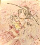  1girl ascot black_eyes black_hair collar detached_sleeves flower frilled_collar frills hair_ribbon hair_tubes hakurei_reimu highres holding holding_stick looking_at_viewer orange_background orya_422 pink_flower red_ribbon ribbon sleeveless solo stick touhou wide_sleeves yellow_ascot 