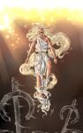  1boy aged_up apparition blonde_hair brown_background dress elden_ring floating floating_hair gold hair_flowing_over highres ittybittyfuck jewelry light_rays long_hair miquella_(elden_ring) signature solo translucent very_long_hair white_dress white_eyes 