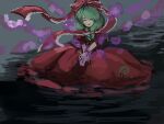  1girl blurry blurry_background cherry_blossoms closed_eyes crossed_arms dress flower in_water kagiyama_hina kneeling long_hair open_mouth pond posumine red_dress red_ribbon red_skirt ribbon short_sleeves skirt smile solo touhou 