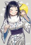  1girl animal_ears black_eyes black_hair blush bukimi_isan character_request claw_pose fur_collar grin long_hair long_sleeves looking_to_the_side obi sash shy_(series) smile solo sweat teeth tiger_ears wide_sleeves 