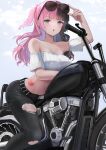  1girl :o arched_back bandeau bare_shoulders belt black_belt black_hair black_pants blue_eyes blunt_bangs breasts detached_sleeves eyewear_on_head heart highres large_breasts long_hair looking_at_viewer midriff motor_vehicle motorcycle multicolored_hair pants pink_hair ribbed_bandeau simple_background solo split-color_hair sthk straddling strapless sunglasses tachibana_hinano_(vtuber) torn_clothes tube_top two-tone_hair two_side_up virtual_youtuber vspo! white_background white_bandeau 