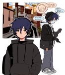  1boy artist_name bag_charm black_bag black_eyes black_gloves black_headwear black_hoodie black_jacket blue_hair building charm_(object) closed_mouth commentary english_commentary english_text full_body gloves grey_footwear grey_pants hat headphones highres holding hood hood_down hoodie jacket kageyama_ritsu kaogens long_sleeves looking_at_viewer male_focus mask mob_psycho_100 mouth_mask outdoors pants shoes short_hair sneakers speech_bubble standing suzuki_shou white_hoodie white_mask 