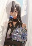  1boy 1girl admiral_(kancolle) black_gloves blue_flower bouquet breasts closed_mouth fingerless_gloves flower gloves hair_between_eyes highres holding holding_bouquet holding_flower kantai_collection large_breasts long_hair machi_(ritovoyage) nagato_(kancolle) nagato_kai_ni_(kancolle) red_eyes solo_focus twitter_username upper_body white_flower 