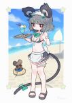  1girl alternate_costume animal_ears arms_up beach bikini border bow bowtie breasts cloud day detached_collar dotaku_(wran8845) enmaided full_body green_bow grey_hair highres holding holding_tray horizon jewelry jitome looking_at_viewer maid mouse mouse_ears mouse_tail nazrin no_socks outdoors outside_border pendant petite pigeon-toed red_eyes sandals short_hair sky small_breasts solo standing star_(symbol) swept_bangs swimsuit tail tail_bow tail_ornament touhou tray umbrella white_border 