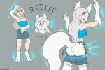 anthro bursting_out_of_clothing butt canid canine canis clothing crop_top female fur grey_hair hair human keidran mammal shirt solo topwear transformation transformation_sequence twokinds webcomic white_body white_fur wolf wolfie-pawz yellow_eyes 