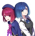  2girls arima_kana beret black_sweater_vest blue_eyes blue_hair blue_headwear bob_cut closed_mouth hat hat_ribbon highres hyoe_(hachiechi) inverted_bob kurokawa_akane multiple_girls open_mouth oshi_no_ko pink_ribbon red_eyes red_hair ribbon school_uniform short_hair sweater_vest white_background youtou_high_school_uniform 