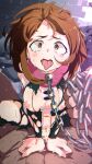  1boy 1girl bodysuit boku_no_hero_academia breasts brown_eyes brown_hair chain cowgirl_position cum cum_in_pussy cum_overflow girl_on_top hetero highres medium_breasts medium_hair nipples pov sex solo_focus spread_legs squatting_cowgirl_position straddling tongue tongue_out torn_bodysuit torn_clothes uraraka_ochako vaginal yamabuki_ryuu 