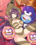  1girl animal_ears animal_hands ass_visible_through_thighs bear_ears bear_girl bear_paws bebe-tan bikini black_ribbon blush breasts brown_bikini cleavage doll embarrassed falling_petals floral_print fur_bikini fur_thighhighs groin hair_between_eyes hair_ribbon large_breasts long_hair looking_at_viewer lying murasaki_(senran_kagura) navel ninto_(senran_kagura) o-ring o-ring_bikini o-ring_top official_alternate_costume official_art on_back on_floor open_mouth petals pinball purple_eyes purple_hair rabbit red_scarf revealing_clothes ribbon scarf senran_kagura senran_kagura_new_link senran_kagura_peach_ball senran_kagura_shinovi_versus shiny_skin solo sparkle stuffed_animal stuffed_toy swimsuit teddy_bear underboob very_long_hair yaegashi_nan 