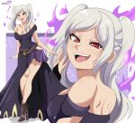  1girl absurdres alternate_costume bare_shoulders black_dress breasts brown_eyes cleavage dress dual_persona evil_smile fangs fire fire_emblem fire_emblem_awakening gala_dress grima_(fire_emblem) hand_to_own_face high_heels highres karbuitt large_breasts looking_at_viewer looking_back multiple_girls parted_bangs purple_fire red_eyes robin_(female)_(fire_emblem) robin_(fire_emblem) smile solo teeth twintails upper_teeth_only white_hair 