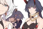  3girls ahoge black_hair china_dress chinese_clothes closed_mouth dress earrings english_commentary facepalm fu_hua fu_hua_(azure_empyrea) hair_ornament honkai_(series) honkai_impact_3rd horns jewelry kiana_kaslana kiana_kaslana_(herrscher_of_flamescion) long_hair long_sleeves looking_at_viewer maiqo multiple_girls neck_brace ponytail purple_eyes purple_hair raiden_mei raiden_mei_(herrscher_of_thunder) selfie simple_background smile upper_body very_long_hair white_background white_dress white_hair 