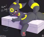  absurd_res ambiguous_gender anthro bed blush claws collar eeveelution fangs feral furniture generation_2_pokemon hi_res kemono leash lying male nintendo paws pokemon pokemon_(species) senz solo teeth text umbreon 