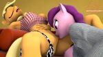  3d_(artwork) anthro anthrofied applejack_(mlp) blonde_hair breasts cunnilingus digital_media_(artwork) equid equine female female/female friendship_is_magic genitals hair hasbro hi_res horn mammal my_little_pony nipples oral pussy senthaurekmern sex sugar_belle_(mlp) unicorn vaginal 