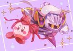  2boys blue_eyes cape commentary_request gloves hair_ribbon highres kirby kirby_(series) male_focus mask meta_knight multiple_boys purple_footwear red_footwear ribbon user_gaje3724 yellow_eyes 