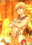  1boy aoten_(aoiroarekore) blonde_hair closed_mouth commentary_request cowboy_shot crossed_arms earrings fate/grand_order fate_(series) gilgamesh_(fate) gold_earrings highres jewelry looking_at_viewer male_focus red_eyes short_hair solo tattoo topless_male twitter_username 