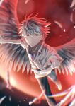  1boy absurdres breast_pocket closed_mouth collared_shirt commentary_request emu_(ain54971) feathered_wings feathers grey_hair highres looking_at_viewer male_focus nagisa_kaworu neon_genesis_evangelion pocket red_eyes shirt short_hair short_sleeves solo wings 