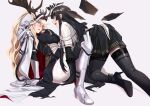  2girls :d :o absurdres all_fours animal_ears antlers antlers_through_headwear antlers_through_hood arched_back arknights arm_support armor belt belt_buckle belt_pouch black_belt black_dress black_eyes black_footwear black_gloves black_hair black_halo black_skirt black_sleeves black_thighhighs black_wings blonde_hair blue_eyes blunt_bangs breasts broken_halo brown_belt buckle chinese_commentary cloak commentary_request dark_halo deer_antlers deer_ears deer_girl detached_wings dress ears_through_headwear ears_through_hood energy_wings eye_contact eyelashes foreshortening from_side gauntlets gloves greaves hair_between_eyes halo hand_in_another&#039;s_hair hand_up headwear_request high_heels highres hime_cut hood hooded_cloak invisible_floor jacket large_breasts layered_sleeves leaning leaning_back leaning_forward leaning_on_person legs lips long_hair long_sleeves looking_at_another metal metal_gloves miniskirt mole mole_under_eye multicolored_cloak multicolored_clothes multicolored_dress multicolored_gloves multiple_girls open_mouth pale_skin pants parted_lips pleated_skirt pouch profile red_cloak red_hood shade shijie_jianfa short_over_long_sleeves short_sleeved_jacket short_sleeves sidelocks silhouette simple_background sitting skirt smile spread_legs strappy_heels surprised teeth thighhighs thighs tongue two-tone_cloak two-tone_dress two-tone_gloves two-tone_hood upper_teeth_only very_long_hair virtuosa_(arknights) viviana_(arknights) wavy_hair white_background white_belt white_cloak white_dress white_footwear white_gloves white_hood white_jacket white_pants wide_sleeves wings yuri zettai_ryouiki 