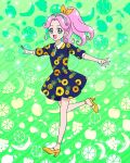  1girl blue_dress blue_eyes blush dress fruit_print full_body hanami_kotoha highres long_hair mahou_girls_precure! official_art open_mouth outstretched_arms parted_bangs pink_hair ponytail precure precure_connection_puzzlun smile solo spread_arms third-party_source yellow_footwear 