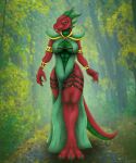  5:6 anthro breasts cleavage clothed clothing digital_media_(artwork) dragon dress female forest furry harness hi_res plant pose reptile scalie solo thick thighs tree 