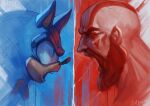  2boys animal_ears animal_nose bad_id bad_twitter_id bald beard commentary english_commentary eye_contact facial_hair from_side furry furry_male god_of_war green_eyes highres kindasamey kratos looking_at_another male_focus multiple_boys open_mouth profile sonic_(series) sonic_the_hedgehog trait_connection 