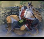  anthro asian_clothing black_bars claws clothing east_asian_clothing facial_hair felid fundoshi fur gloves goatee handwear hi_res hot_spring japanese_clothing kzy_r9877 letterbox lifewonders live_a_hero male mammal mask muscular_arms muscular_legs nipples one_eye_closed onsen orange_body orange_fur pantherine pawpads pecs plant ryekie_(live_a_hero) smile solo stones tiger toe_claws tree underwear water white_body white_fur 