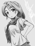  1girl artist_name blouse commentary freckles girls_und_panzer gofu greyscale hand_on_own_hip long_hair long_sleeves looking_at_viewer low_ponytail monochrome neckerchief ooarai_school_uniform open_mouth piyotan_(girls_und_panzer) pleated_skirt ponytail sailor_collar school_uniform serafuku shirt short_sleeves signature skirt solo upper_body 