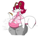  absurd_res anthro bubbiedragon button_(fastener) clothed clothing dragon ear_fins eyelashes female fin food hair hi_res holding_food holding_object horn long_tail overweight overweight_anthro overweight_female pink_body pink_hair pizza pizza_slice rumbling_stomach solo straining_buttons tail thick_tail white_body yellow_eyes 