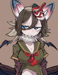  1girl absurdres animal_ears bat_ears bat_girl bat_wings blue_eyes blush breasts brown_background brown_hair cleavage closed_mouth expressionless gradient_hair highres hilgendorf&#039;s_tube-nose_bat_(kemono_friends) kanmoku-san kemono_friends large_breasts looking_at_viewer multicolored_hair short_hair simple_background solo upper_body wings 
