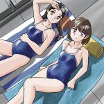  2girls arm_support blue_eyes blue_one-piece_swimsuit braid brown_hair collarbone grey_eyes hair_ribbon hand_on_own_head highres knee_up long_hair looking_at_viewer lying multiple_girls on_back one-piece_swimsuit original pict9370 poolside red_ribbon ribbon short_hair swimsuit towel twin_braids 