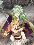  2girls absurdres arm_up bare_shoulders belt breasts brown_eyes cape carrying cleavage duel_monster elbow_gloves gloves green_eyes green_hair hair_ornament highres holding holding_staff jewelry large_breasts long_hair multiple_girls necklace open_mouth orange_hair piggyback pleated_skirt ponytail sawan_cutman skirt spiritual_beast_tamer_lara spiritual_beast_tamer_winda staff thigh_strap tiara winda_(yu-gi-oh!) yu-gi-oh! 