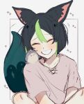  1boy :d ^_^ alternate_costume animal_ear_fluff animal_ears animal_on_shoulder bird bird_on_shoulder black_hair blush bob_cut brown_shirt closed_eyes fox_boy fox_ears fox_tail genshin_impact green_hair green_tail grin hair_between_eyes male_focus mofubii multicolored_hair shirt short_hair short_sleeves sketch smile solo streaked_hair tail tighnari_(genshin_impact) two-tone_hair upper_body white_background 