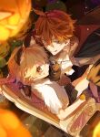  2boys aether_(genshin_impact) animal_ears blonde_hair blue_eyes braid facing_another genshin_impact halloween highres jack-o&#039;-lantern long_hair looking_at_viewer looking_to_the_side male_focus multiple_boys orange_hair pointy_ears sakusakuagetate sitting tartaglia_(genshin_impact) throne tongue tongue_out vampire wolf_boy wolf_ears yaoi yellow_eyes 