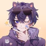  1boy animal_ears closed_mouth dog_ears earrings highres hood hoodie indie_virtual_youtuber jewelry long_sleeves looking_at_viewer male_focus necklace one_eye_closed pink_hoodie purple_eyes purple_hair short_hair shoto_(vtuber) smile solo star_(symbol) sticker_on_face unik0503 virtual_youtuber yellow_background 