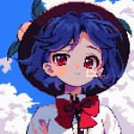  1girl ahiru_tokotoko alternate_hair_length alternate_hairstyle black_headwear blue_hair cloud cloudy_sky collared_shirt day fruit_hat_ornament hat hat_ornament highres hinanawi_tenshi peach_hat_ornament pixel_art portrait red_eyes shirt short_hair sky solo touhou white_shirt 