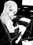  1girl absurdres barefoot cellphone classroom desk fins fish_tail gawr_gura gawr_gura_(school_uniform) highres holding holding_pencil holding_phone hololive hololive_english long_hair looking_at_viewer monochrome notebook old_metal_666 one_side_up pencil phone pov school_desk scrunchie shark_tail smartphone soles tail toe_scrunch virtual_youtuber wrist_scrunchie 