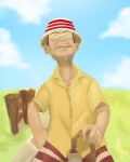  1boy brown_hair cane closed_mouth cloud cloudy_sky day facial_hair glasses hat highres holding holding_cane looking_up one_piece shirt short_hair short_sleeves signature sky solo stick strayzinho striped striped_headwear woop_slap yellow_shirt 