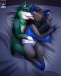  absurd_res anthro bat bed canid canine canis clothing duo fox fur furniture green_body green_eyes green_fur grey_body grey_fur hair hand_in_underwear hi_res hybrid joshua_myste licking male male/male mammal markings neck_lick neck_tuft piercing ring_piercing spooning star_(marking) tigrelionl tongue tongue_out tuft underwear white_clothing white_underwear wings wolf 