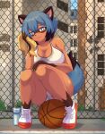  absurd_res anthro ball basketball_(ball) big_breasts blue_body blue_eyes blue_hair blush bodily_fluids bottomwear brand_new_animal breasts brown_body brown_fur canid canine clothed clothing crop_top dipstick_hair dipstick_tail female fingers fluffy fur glistening glistening_body glistening_breasts gloves_(marking) hair hi_res mammal markings michiru_kagemori raccoon_dog shirt shorts side_boob sitting sitting_on_basketball solo son2j studio_trigger sweat tail tail_markings tanuki topwear tuft white_clothing 