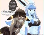  2girls animal_ears asekeu bike_shorts black_collar black_hair black_sclera black_skin black_sports_bra blue_hair blue_skin breasts cleavage collar colored_sclera colored_skin english_text glaceon highres humanization large_breasts light_blue_hair long_hair medium_breasts medium_hair medium_support_(meme) meme multiple_girls navel open_mouth patreon_username pokemon red_eyes simple_background sound_effects speech_bubble sports_bra standing umbreon watermark web_address white_background white_eyes 