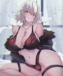  1girl absurdres bare_shoulders black_bra black_panties blue_coat blush bra breasts cleavage coat collarbone fate/grand_order fate_(series) fur-trimmed_coat fur_trim grey_hair highres jeanne_d&#039;arc_alter_(fate) jeanne_d&#039;arc_alter_(ver._shinjuku_1999)_(fate) jewelry large_breasts long_sleeves looking_at_viewer navel necklace off_shoulder open_clothes open_coat panties short_hair solo thigh_strap thighs underwear ura_illust yellow_eyes 