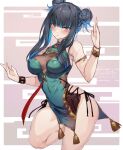  1girl armlet bare_shoulders black_hair blue_hair blunt_bangs bracelet breasts china_dress chinese_clothes colored_inner_hair double_bun dress eyeliner fate/grand_order fate_(series) gold_trim green_dress grey_eyes hair_bun highres jewelry large_breasts long_hair looking_at_viewer makeup multicolored_hair o-ring pelvic_curtain short_dress sidelocks solo tassel tenochtitlan_(fate) thighs ura_illust 