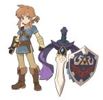  1boy aegislash belt blue_eyes blue_tunic boots brown_belt brown_footwear closed_mouth commentary_request crossover earrings eyelashes fingerless_gloves gloves highres jewelry korean_commentary link male_focus pants pointy_ears pokemon pokemon_(creature) redlhzz shield sidelocks simple_background standing strap sword the_legend_of_zelda the_legend_of_zelda:_breath_of_the_wild weapon white_background 
