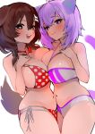  2girls ahoge animal_ear_fluff animal_ears bare_shoulders bikini blush bone_hair_ornament braid breast_press breasts brown_eyes brown_hair cat_ears cat_girl cat_tail cleavage collarbone dismassd dog_ears dog_girl dog_tail hair_between_eyes hair_ornament hairclip hand_on_own_chest heart heart-shaped_pupils highres hololive inugami_korone large_breasts looking_at_viewer low_twin_braids multiple_girls navel nekomata_okayu open_mouth polka_dot polka_dot_bikini purple_eyes purple_hair side-tie_bikini_bottom simple_background smile swimsuit symbol-shaped_pupils tail twin_braids virtual_youtuber white_background 