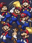  1boy blue_overalls boots brown_footwear brown_hair closed_eyes facial_hair gloves hammer hat headwear_removed highres holding holding_hammer looking_at_viewer male_focus mario mario_&amp;_luigi_rpg mario_(series) masanori_sato_(style) multiple_views mustache one_eye_closed open_mouth overalls red_headwear red_shirt shirt short_hair simple_background towel white_gloves ya_mari_6363 